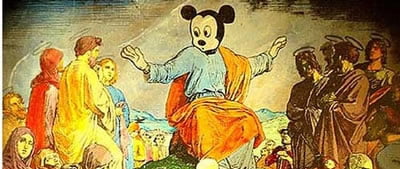 A religious painting reimagined with Mickey Mouse's head in place of Jesus'