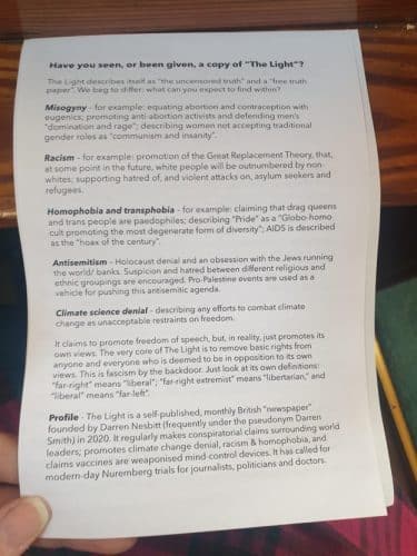 A photograph of a print out from the event taken by the author. The print out explains some of the perceived issues with The Light paper including examples of misogyny, racism and antisemitism. 