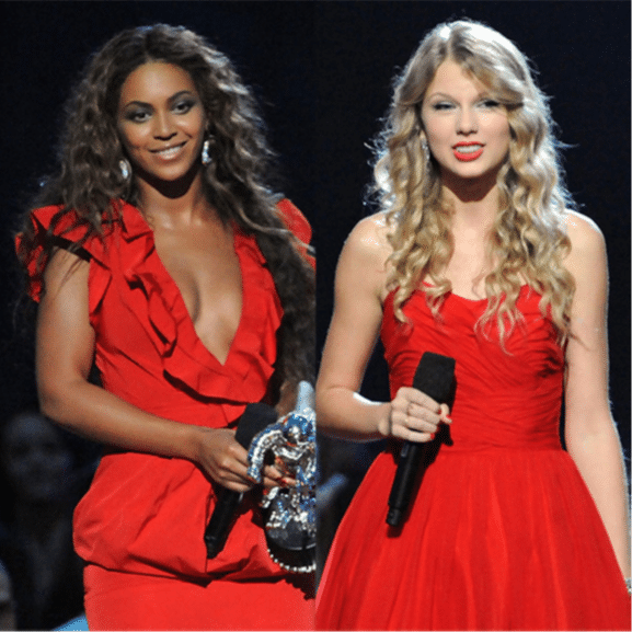 Beyonce in a red dress with ruffles and a deep v neckline. Her hair is wavy. Next to her is a photo of Taylor Swift with wavy hair and a strapless red dress with a sweetheart neckline. 