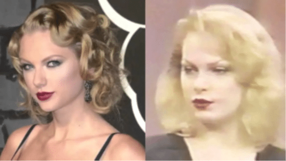 Photographs of two women side by side. On the left is Taylor Swift, on the right is Zeena LaVey. Both women are fair skinned white women. They both have thin eyebrows, a lightly smokey eye make up look, dark red lipstick highlighting plump lips. The photos are both taken at a slight side angle and both women have similar facial expressions. They both have wavey hair, though Taylor's is more defined and Zeena's is more bouffant. 