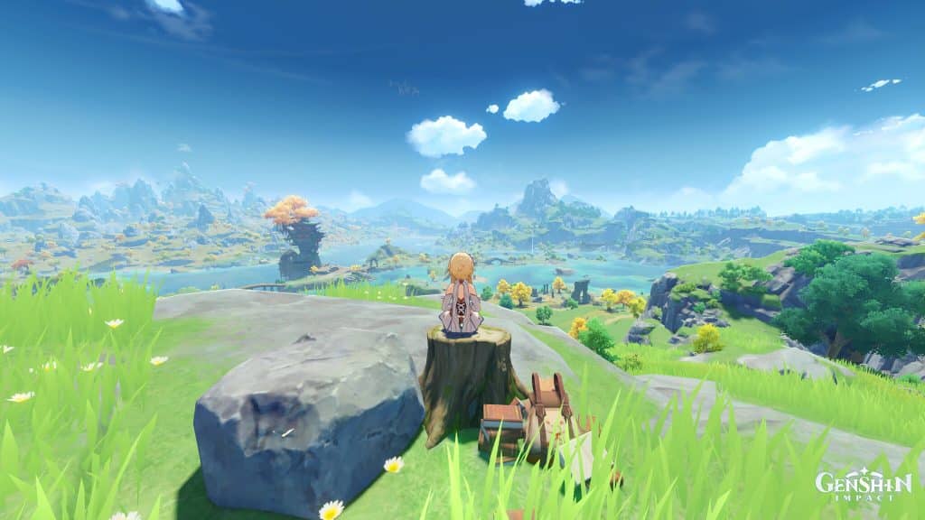 A screenshot of the Genshin Impact game, featuring the player's character sat on a stump looking out on a green and mountainous landscape with trees dotted across it under a blue sky. The Traveler character's belongings lean against the stump behind them