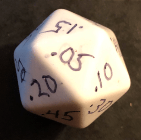 A 20-sided die, modified to show incremental p-values on each face. From our current angle, we can see faces with the values 0.05, 0.15, 0.10, 0.20, 0.50, 0.45 and 0.30.

(source: author's own)