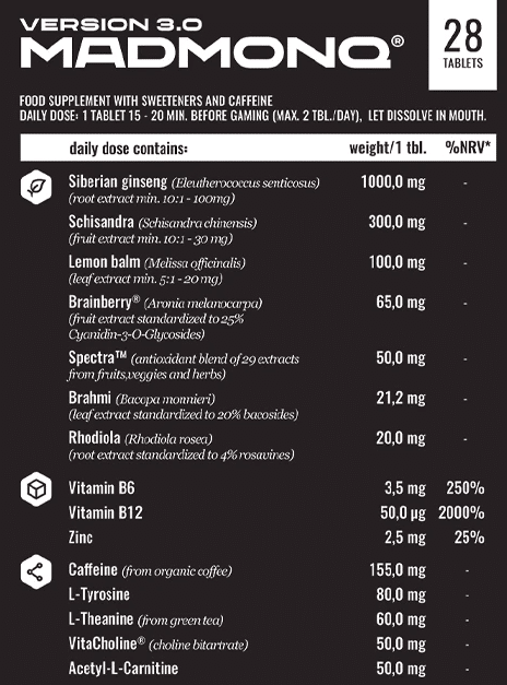 Ingredient list for MADMONQ's 'VERSION 3.0' supplement. "Food supplement with sweeteners and caffeiene. Daily dose: 1 tablet 15-20min before gaming (max. 2 tbl/day), let dissolve in mouth." 15 ingredients are listed, divided up with icons indicating herbal ingredients, vitamins + minerals and... molecules of something else (caffeine, tyrosine etc.)