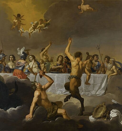 The Feast of the Gods classical painting by Jan van Bijlert, featuring cavorting gods sat at a table with a white tableclothe and cherubs watching from behind the clouds