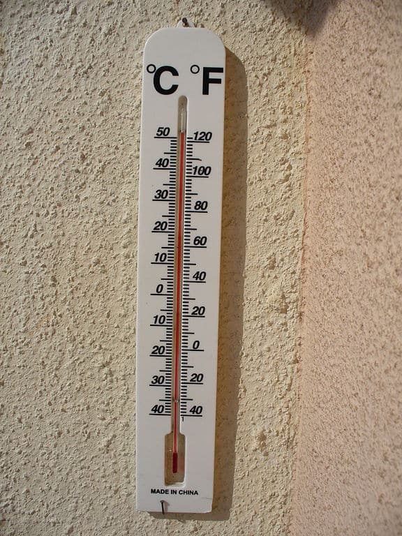 A white plastic thermometer with red alcohol indicator liquid shows 50+ degrees Celcius or 120+ Farenheit