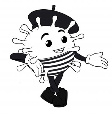 A cartoon virus dressed in a Breton striped top with black sleeves, black trousers, white gloves and black beret. 