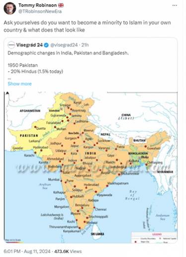 A post from @TRobinsonNewEra which reads "ask yourselves do you want to become a minority to Islam in your own country & what does that look like"

He has retweeted a post which says "Demographic changes in India, Pakistan and Bangladesh. 1950 Pakistan ~20% Hindus (1.5% today) ... show more" - included in the tweet is a colour coded map of India and Pakistan. 