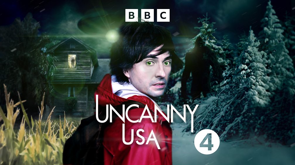 Presenter of the BBC's Uncanny podcast, Danny Robins, looks back at the camera while walking away, wearing a red raincoat. The image background is a mix of 'spooky' things, from a large wood cabin-style house with a figure int he window, to a tall bigfoot-like silhouette on the right, and a glowing full moon in the sky.