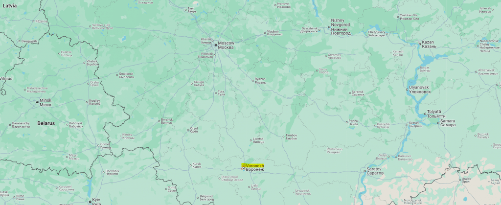 A Google Maps view of western Russia, bordering Belarus and Ukraine, showing the capital Moscow and Voronezh region southeast of it.