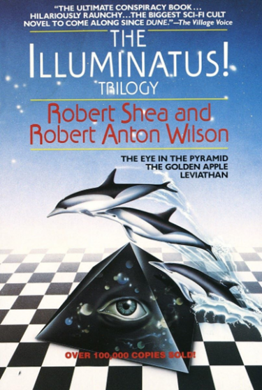 Cover of the Illuminatus! Trilogy by Robert Shea and Robert Anton Wilson, depicting three dolphins jumping over a black pyramid with a human looking eye.