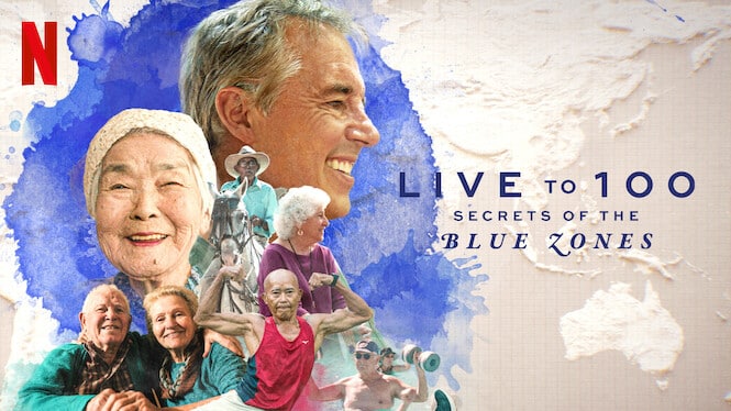 A promotional image in the style of watercolour figures painted onto a map showing primarily China, Indonesia and Australia. Several figures starring in the series "Live to 100, Secrets of the Blue Zones" are depicted as happy and strong.