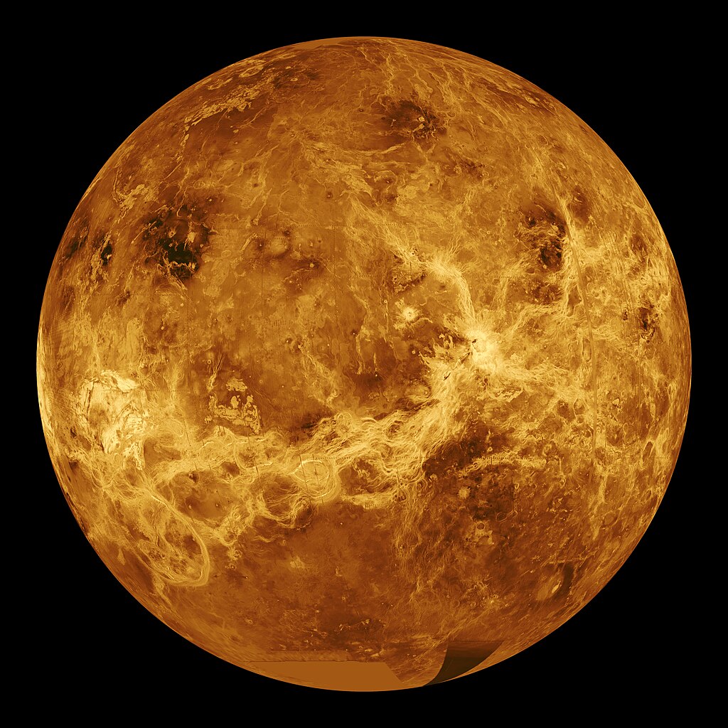 An image of the planetary surface of Venus, with Aphrodite Terra snaking across its centre brightly