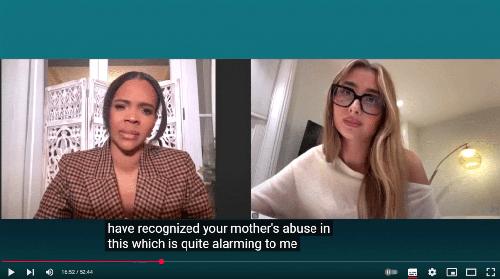 A screenshot of YouTube video with Lily Phillips and Candace Owens on screen. The subtitles read "have recognized your mother's abuse in this which is quite alarming to me"