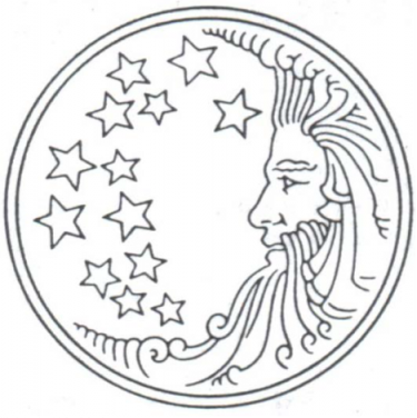 The logo of Procter & Gamble, in black outline on a white background, as used from 1931 to 1992. 

It is a circle with a crescent-moon to the right hand side, depicted as a bearded man looking left. To the left of the image are 13 stars. 