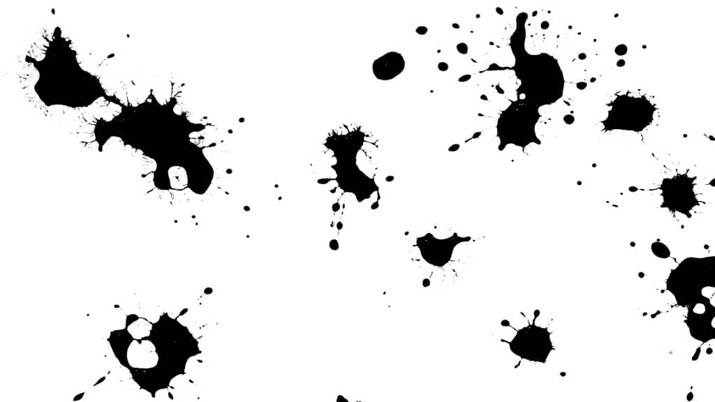 Black splatter patterns on a white background, resembling ink or blood